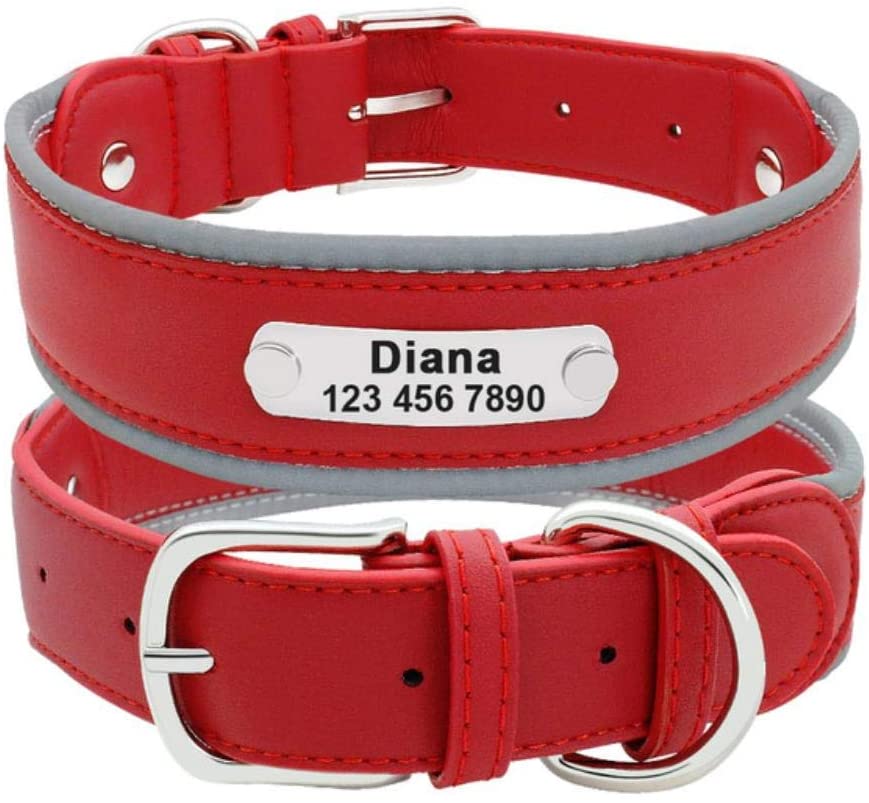  Mascotas Perros Collar De Perro De Cuero Reflectante Collar De Placa De Identificación De Mascota Collar De Perro Personalizado Personalizado Para Perros Grandes Pitbull Shepard Alemán, Rojo, M 