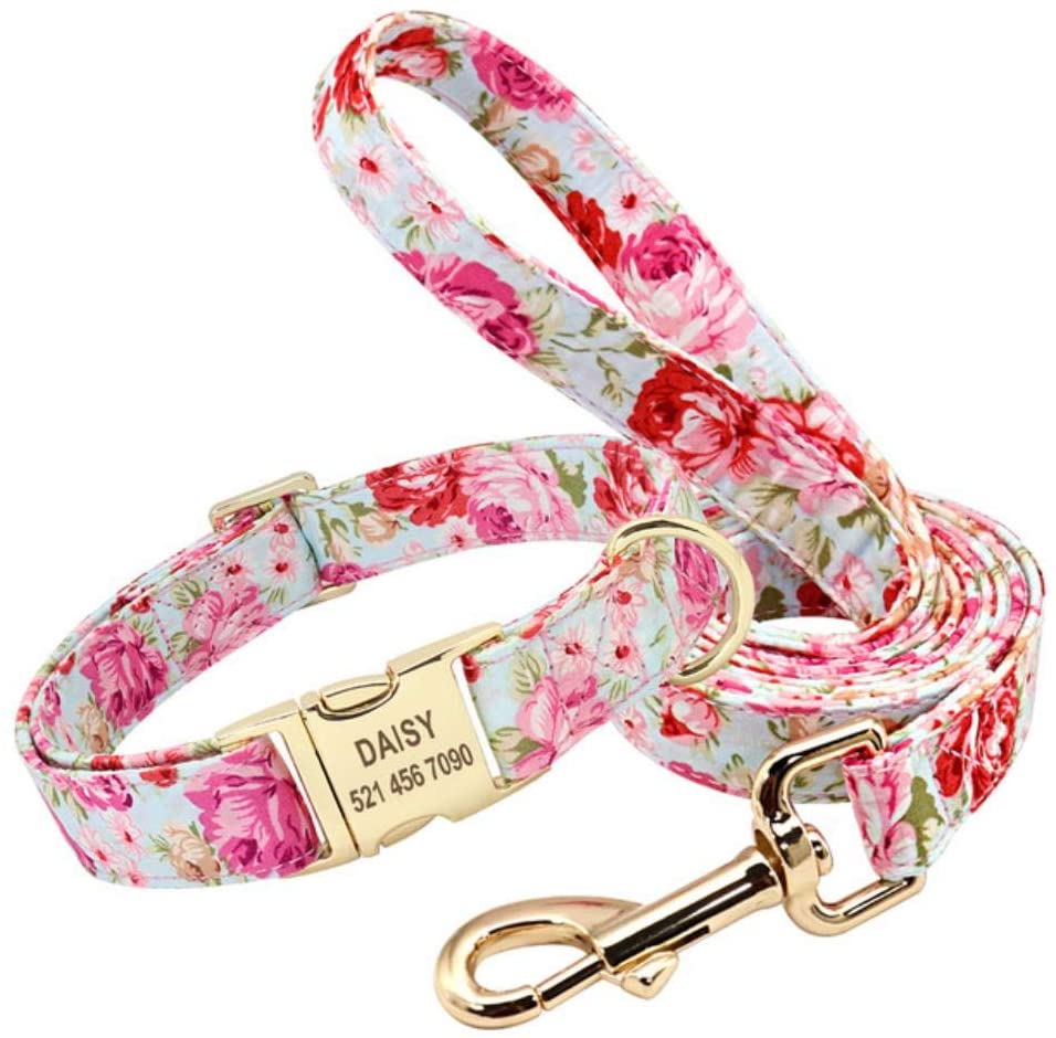  Mascotas Perros Collar Y Correa Para Perros Personalizados Conjunto De Collares Para Perros De Nylon Correa Para Caminar Con Estampado Floral Para Mascotas Etiqueta De Identificación Personalizada P 