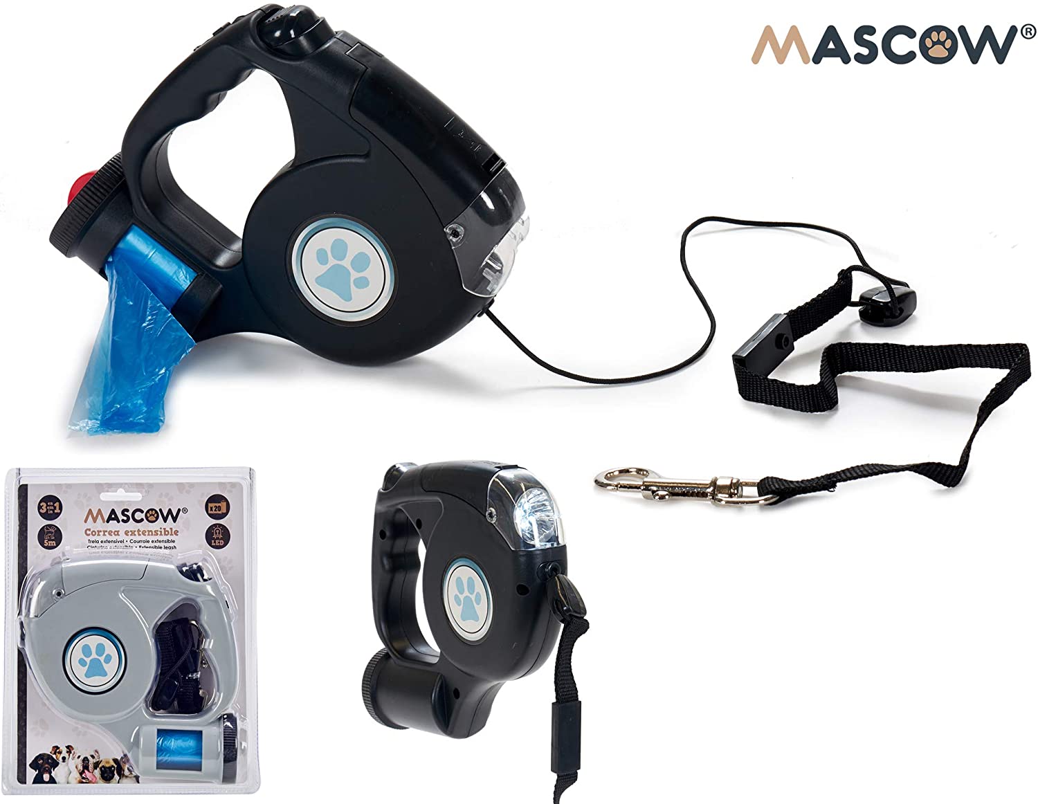  Mascow Correa Extensible Retráctil para Perros, con Luz Led y Dispensador De Bolsas Incorporado 