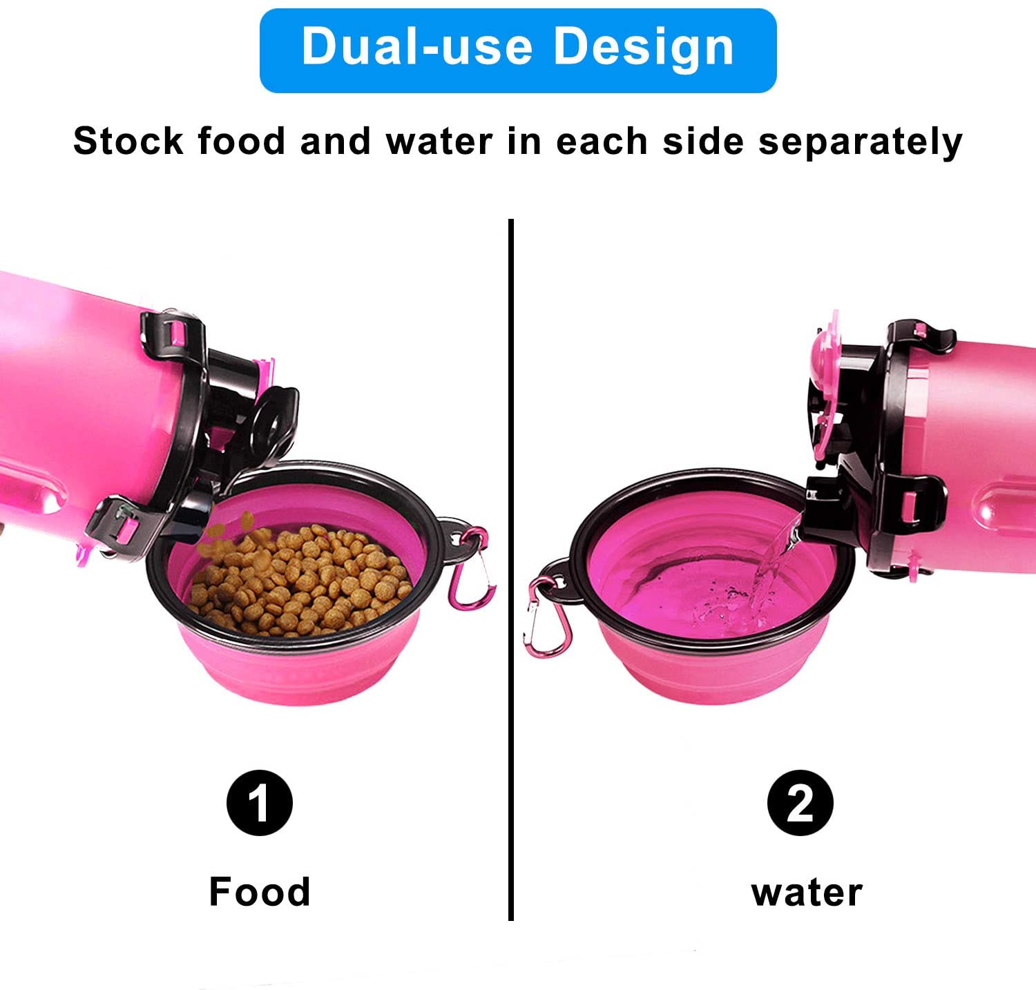  MATT SAGA Botella de Agua para Perros Portatil Envase de Comida para Perros con 2 Plegable Tazones para Perros Gatos Mascotas Adecuado para al Aire Libre Caminar Viajar (Rosa) 