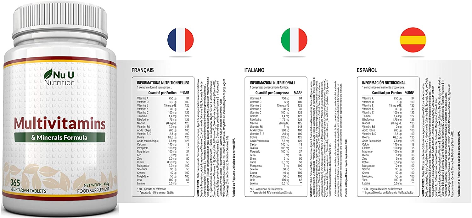  MultiVitamins & Minerals Formula | 24 complemento vitamínico (Vitaminas y Minerales | végétarien | hombre/mujer | Cure D '1 An/365 Pastillas | Suplemento de Nu U Nutrition 