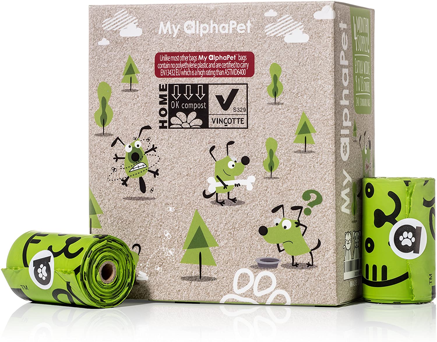  My AlphaPetBolsas Caca Perro Biodegradables – Respetuosa con el Medio Ambiente – EN13432 La Mejor Valorada – 16 Rollos 240 Bolsitas – Tamaño Grande 23x33cm – Bolsas Caca Perro Anti Goteo 