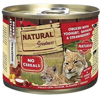  Natural Greatness Comida Húmeda para Gatos de Pollo con Yogur, Plátano y Fresas. Pack de 6 Unidades. 200 gr Cada Lata 