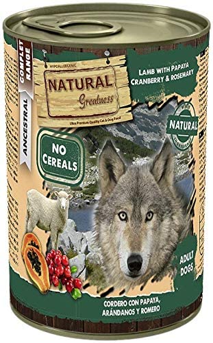  Natural Greatness Comida Húmeda para Perros de Cordero con Papaya, Arándanos y Romero. Pack de 6 Unidades. 400 gr Cada Lata 