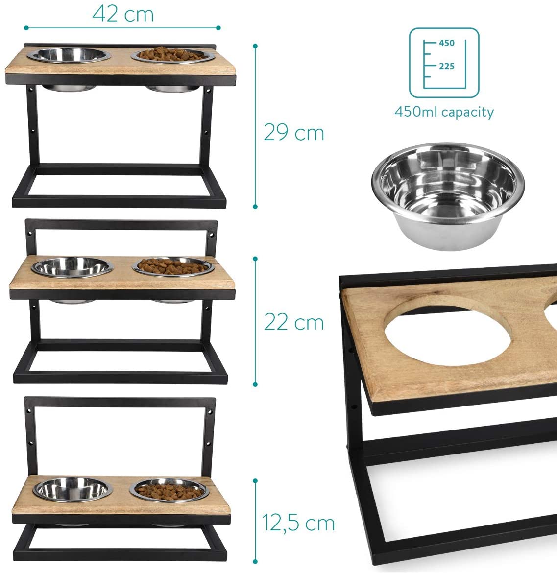  Navaris Comedero Doble con Altura Regulable - Comedero y Bebedero elevable de Madera - Ideal para Cachorros Perros Grandes o Mascotas Mayores 