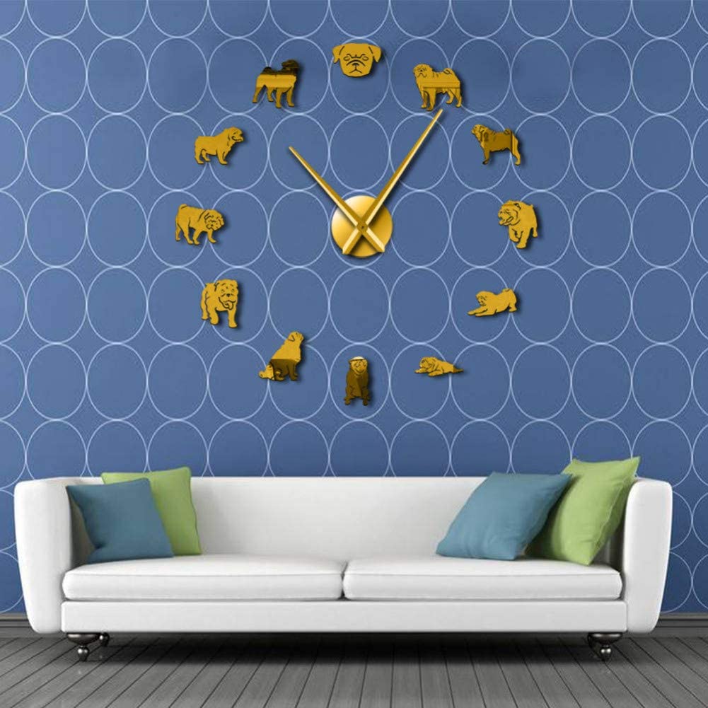  NO BRAND Reloj de Pared Pug a Licious Pug Dog DIY Giant Mute Mute Reloj de Pared Razas de Perros Efecto Espejo Arte de la Pared Tienda de Mascotas Decorativo Wall Pug Lovers Gift 