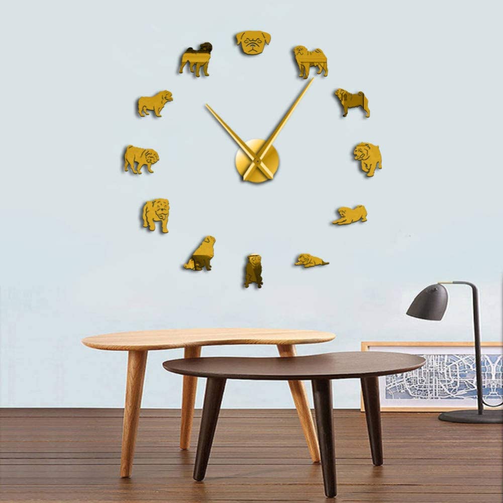  NO BRAND Reloj de Pared Pug a Licious Pug Dog DIY Giant Mute Mute Reloj de Pared Razas de Perros Efecto Espejo Arte de la Pared Tienda de Mascotas Decorativo Wall Pug Lovers Gift 