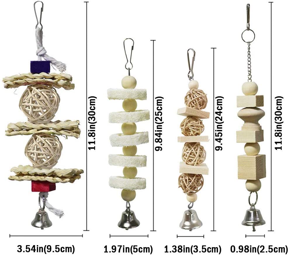  onebarleycorn – Juego de 7 Juguetes para Pájaros Columpio para Loros Accesorios Madera Natural Jaula Pajaros Bite Toy con Campanas para Periquitos Cockatiels Cacatúas Conures Pinzones Agapornis 