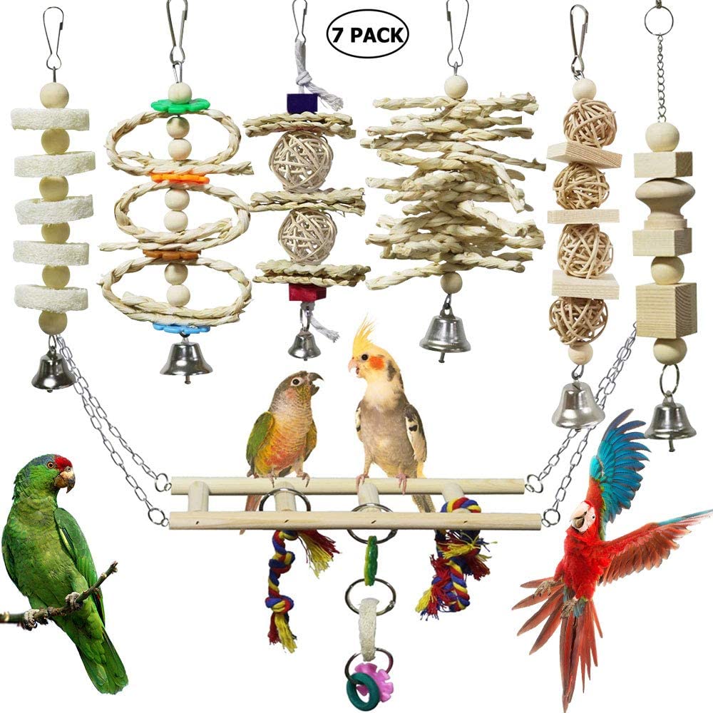  onebarleycorn – Juego de 7 Juguetes para Pájaros Columpio para Loros Accesorios Madera Natural Jaula Pajaros Bite Toy con Campanas para Periquitos Cockatiels Cacatúas Conures Pinzones Agapornis 