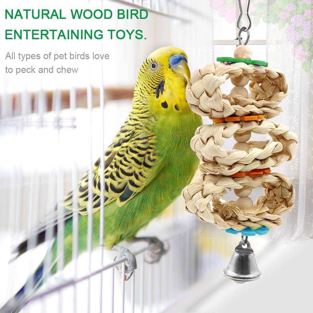  onebarleycorn – Juego de 7 Juguetes para Pájaros Columpio para Loros Accesorios Madera Natural Jaula Pajaros Bite Toy con Campanas para Periquitos Cockatiels Cacatúas Conures Pinzones Agapornis 