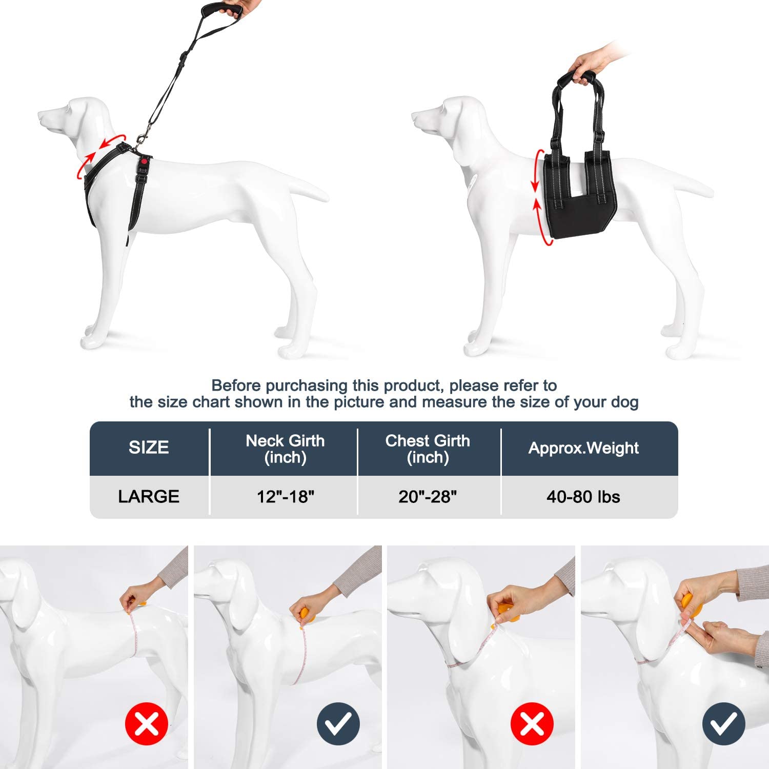  Ownpets Conjunto de arnés de Soporte para Perros,Perro elevación Soporte arnés canino Ayuda rehabilitación arnés para Perros con Patas traseras débiles,Correa asistida y Cable de Transporte, L 