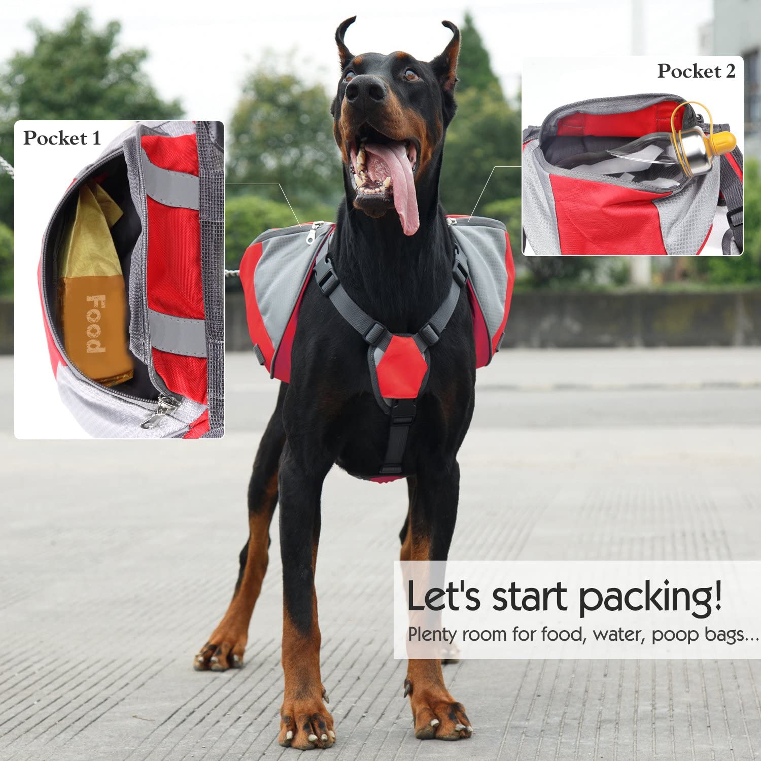  Pawaboo Mochila del Perro - Adjustable Bolsa de Sillín Portador para Mascota Pet Saddle Bag para Viajar/Senderismo/Camping, Talla Mediana, Rojo & Gris 