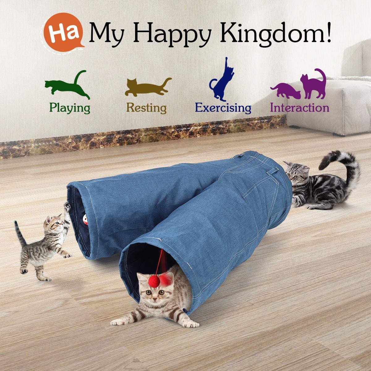  Pawaboo Túnel para Gatos, 3 Vías Túnel en Forma de Jeans Plegable Extensible Juego de Gatos con Bola Tubo de Diversión, Laberinto, Casa con Pompón y Campanas para Gatito, Mascota y Animal - Azul Denim 