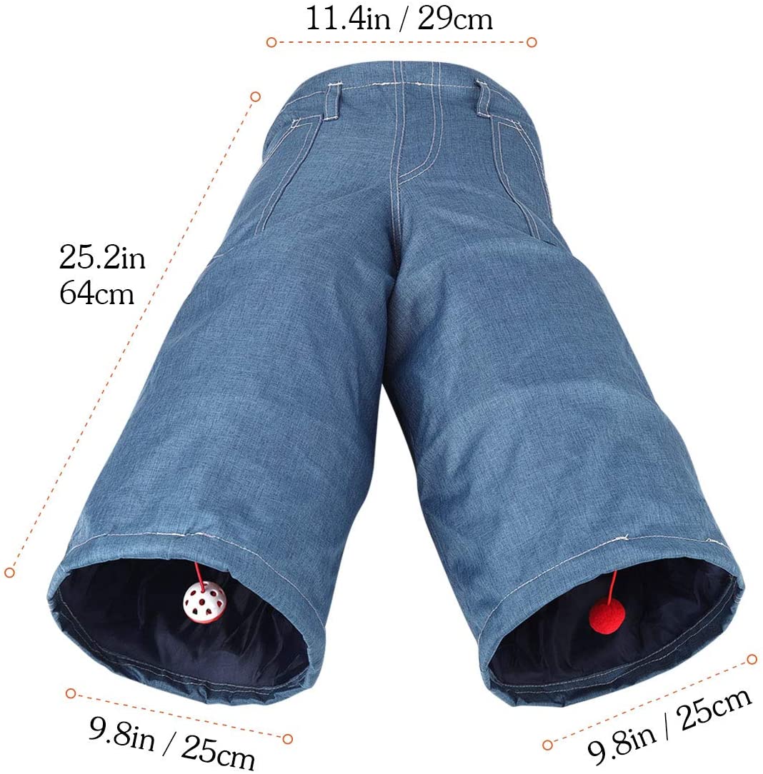  Pawaboo Túnel para Gatos, 3 Vías Túnel en Forma de Jeans Plegable Extensible Juego de Gatos con Bola Tubo de Diversión, Laberinto, Casa con Pompón y Campanas para Gatito, Mascota y Animal - Azul Denim 