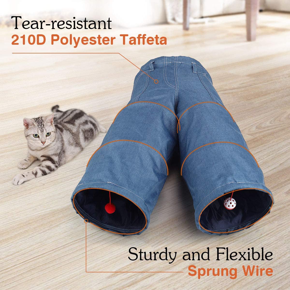  Pawaboo Túnel para Gatos, 3 Vías Túnel en Forma de Jeans Plegable Extensible Juego de Gatos con Bola Tubo de Diversión, Laberinto, Casa con Pompón y Campanas para Gatito, Mascota y Animal - Azul Denim 