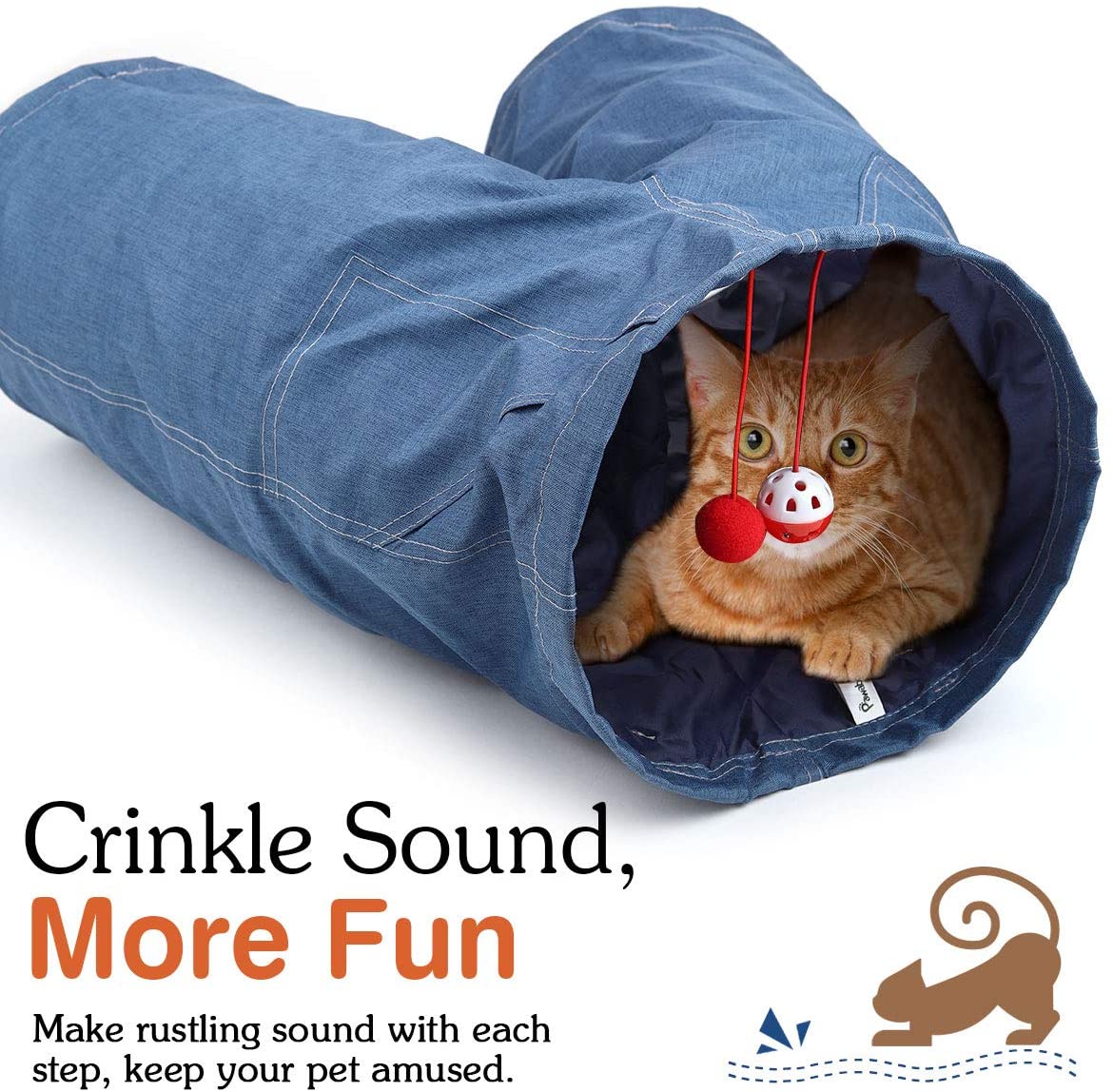  Pawaboo Túnel para Gatos, 3 Vías Túnel en Forma de Jeans Plegable Extensible Juego de Gatos con Bola Tubo de Diversión, Laberinto, Casa con Pompón y Campanas para Gatito, Mascota y Animal - Azul Denim 