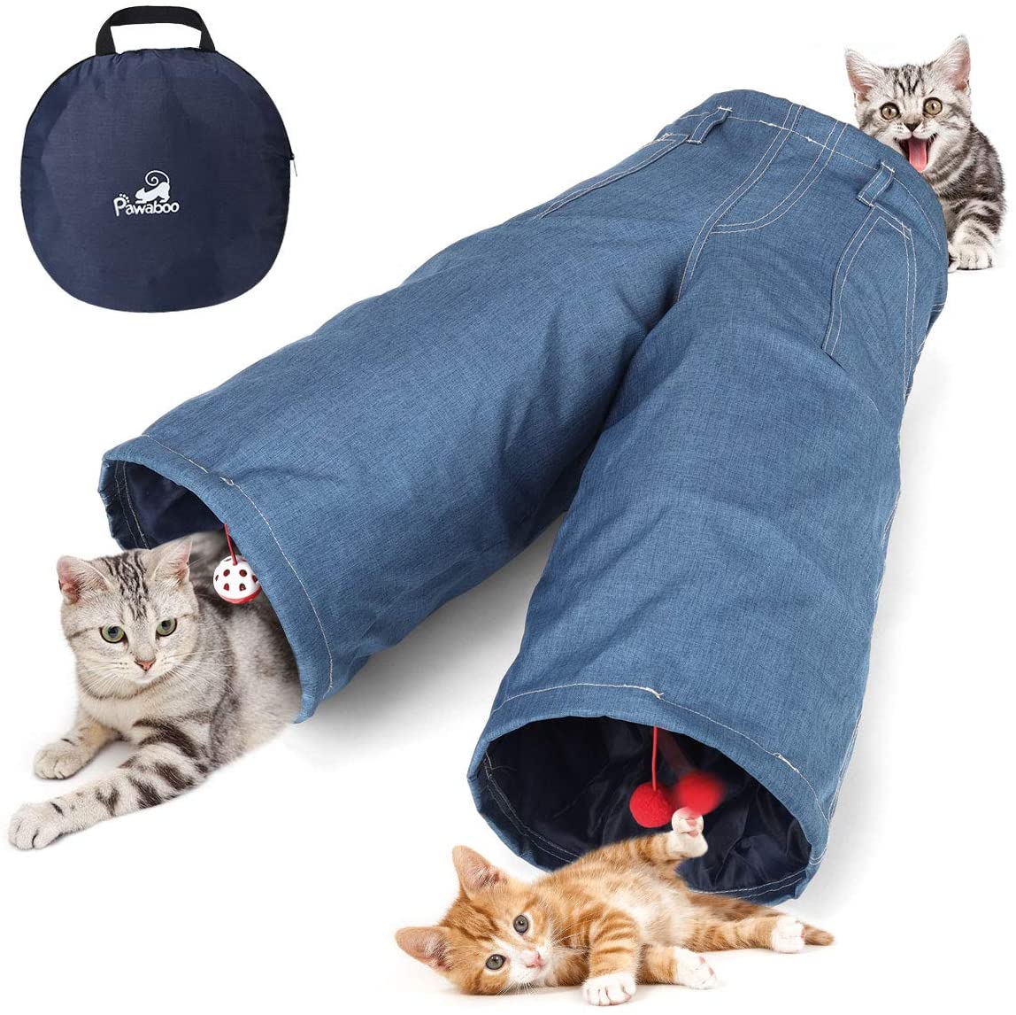  Pawaboo Túnel para Gatos, 3 Vías Túnel en Forma de Jeans Plegable Extensible Juego de Gatos con Bola Tubo de Diversión, Laberinto, Casa con Pompón y Campanas para Gatito, Mascota y Animal - Azul Denim 