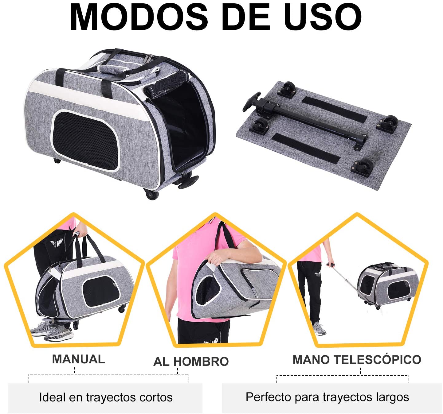  Pawhut Transportin Carrito Perro 2 en 1 Mochila Carrito Plegable 65x37x46cm Mascotas Perro Gato 