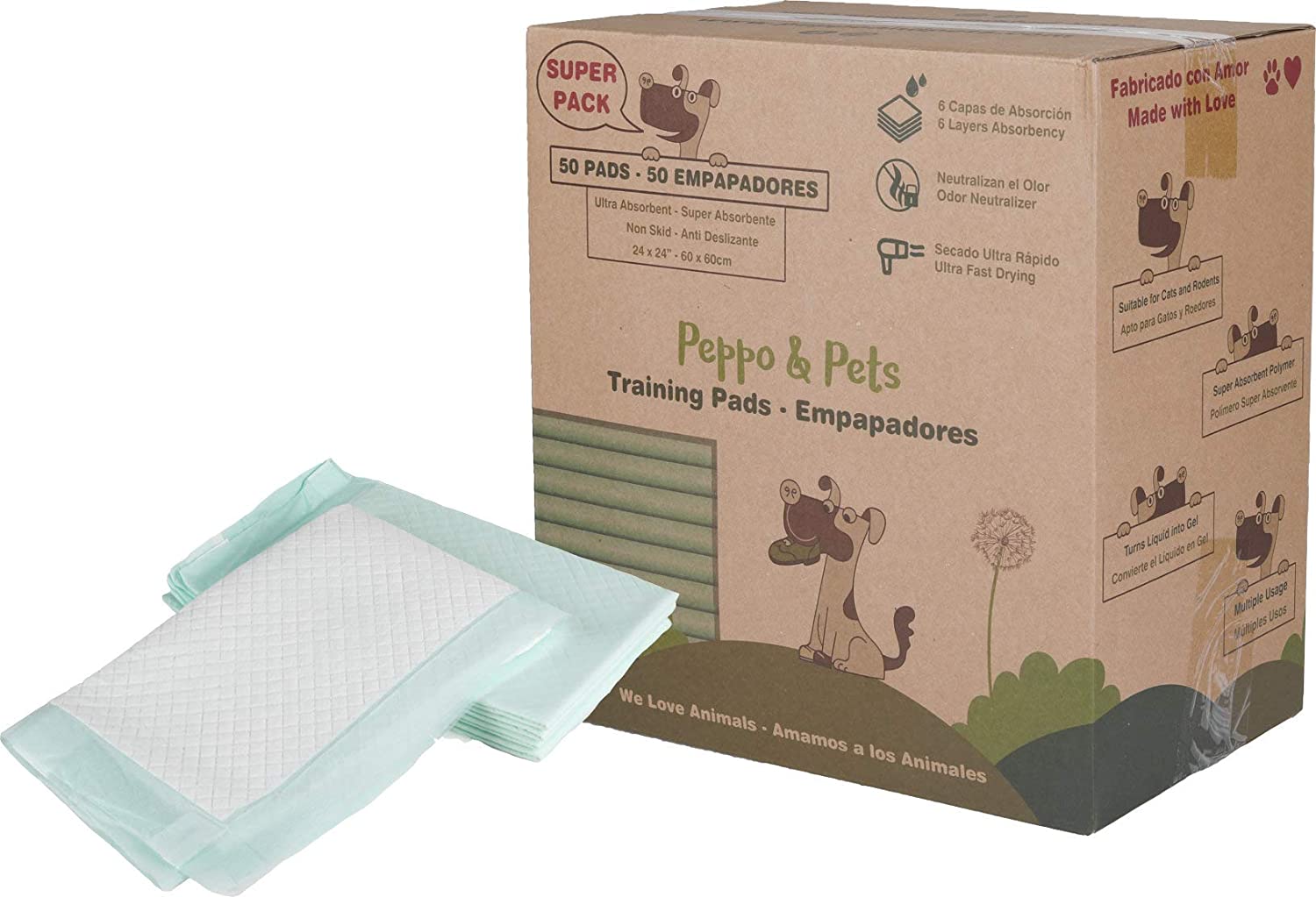  Peppo and Pets -50 empapadores para Entrenar Cachorros - 6 Capas - Súper absorbentes- 60 cm x 60 cm- Secado rápido 