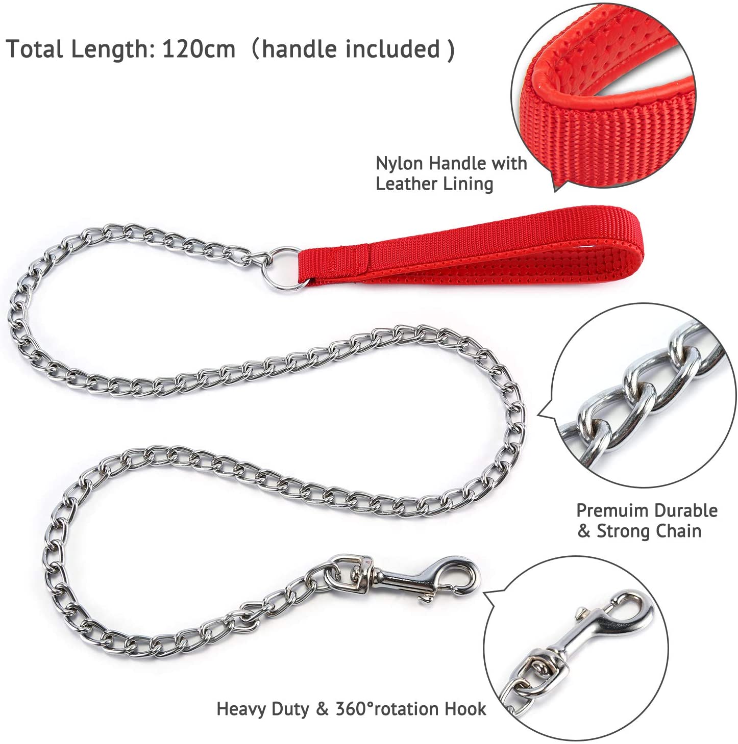  Petcomer Cadena de perro pesado con mango de nylon acolchado con cinturón de metal cromado (Rosa, S-4*2.0mm) 