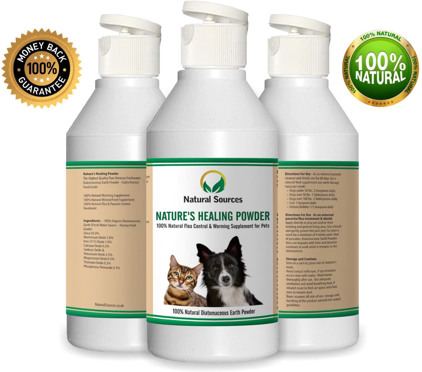  Polvo natural de curación de Natural Sources™, tratamiento de pulgas 100% natural para perros, gatos y casa. Se puede usar cerca de los ninos y otras mascotas y alrededor de la casa - Natural desparasitacion interna perros y gatos - Diatomaceous 