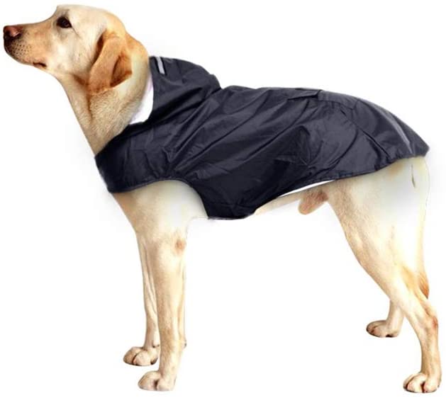  POPETPOP Chubasquero con Capucha para Perros Medianos y Grandes, Sudaderas Impermeable, Agujero para Arnés, Tira Reflectante, Bolsillos (Negro, 4XL) 