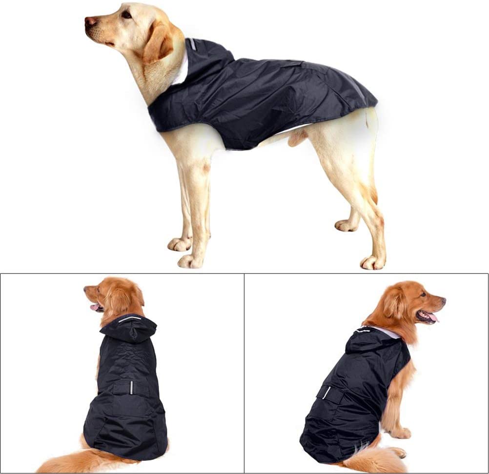  POPETPOP Chubasquero con Capucha para Perros Medianos y Grandes, Sudaderas Impermeable, Agujero para Arnés, Tira Reflectante, Bolsillos (Negro, 4XL) 