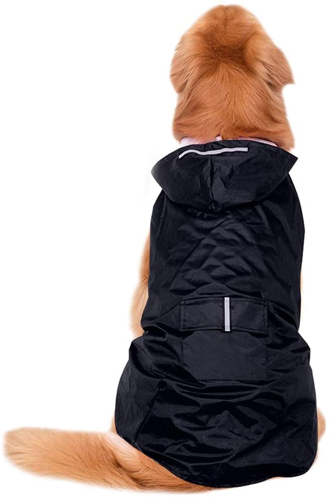  POPETPOP Chubasquero con Capucha para Perros Medianos y Grandes, Sudaderas Impermeable, Agujero para Arnés, Tira Reflectante, Bolsillos (Negro, 4XL) 