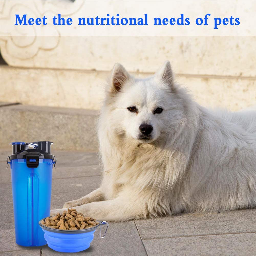  Powerking Botella de Agua para Perro, 350ml 2 en 1 PP para Mascotas, y Botella para Perro con 250 g Contenedor de alimento para Mascotas para Caminar/Viajar, tazones Plegables para Perros(Azul) 