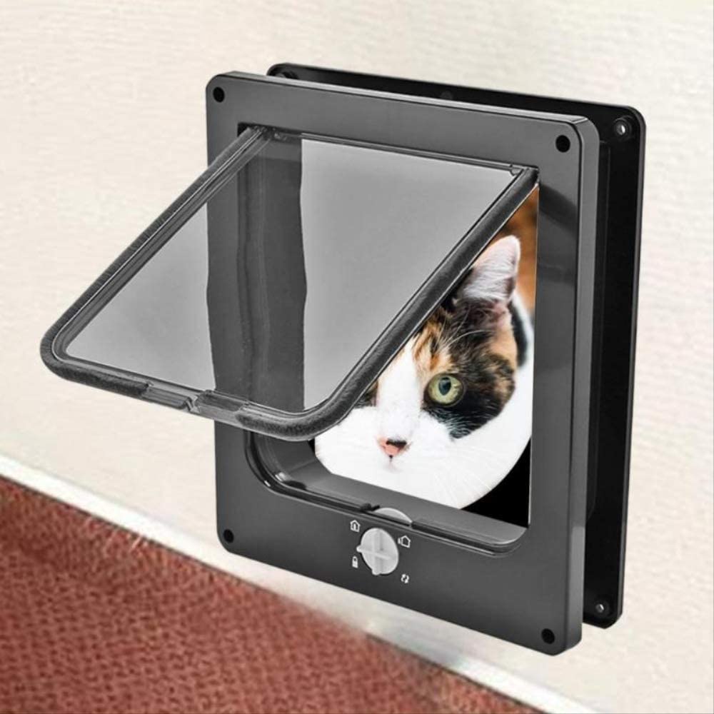  Puertas para Perros Gatos 4 Vías Cerradura Puerta De Gatito Cachorro Gato Perro Puerta Abs Plástico Puerta De Seguridad Gato Perro Puerta Batiente Puerta Perro Suministros para Mascotas M Negro 