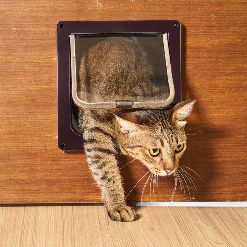  Pujuas - Puerta para Gato con Cierre magnético de 4 vías, Puerta para Mascotas para Gatos y Perros pequeños, Puerta para Gatos con túnel (M, Marrón) 