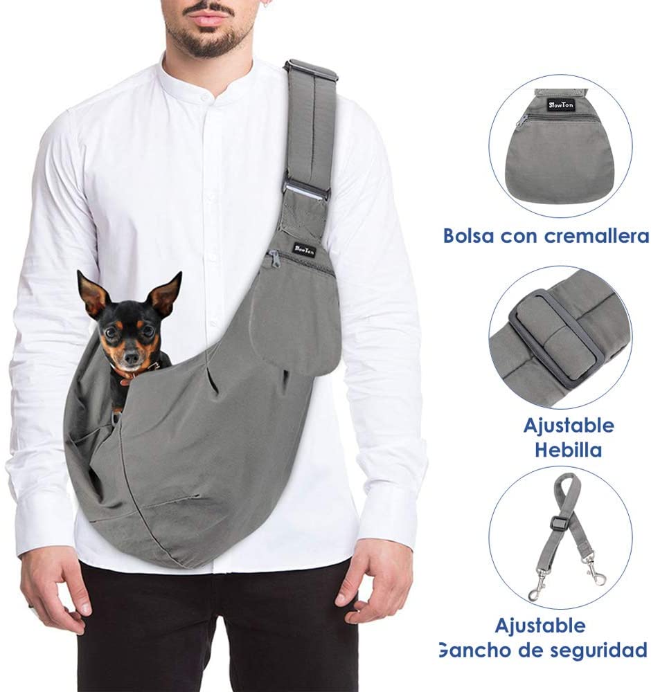  SlowTon Bandolera para Perro, Pet Carrier Dog Puppy Hand Sling para Cachorros Bandolera Correa de Hombro Acolchada Ajustable Tote Bag con Bolsillo Delantero Puppy Bolsa Bandolera de (Gris) 