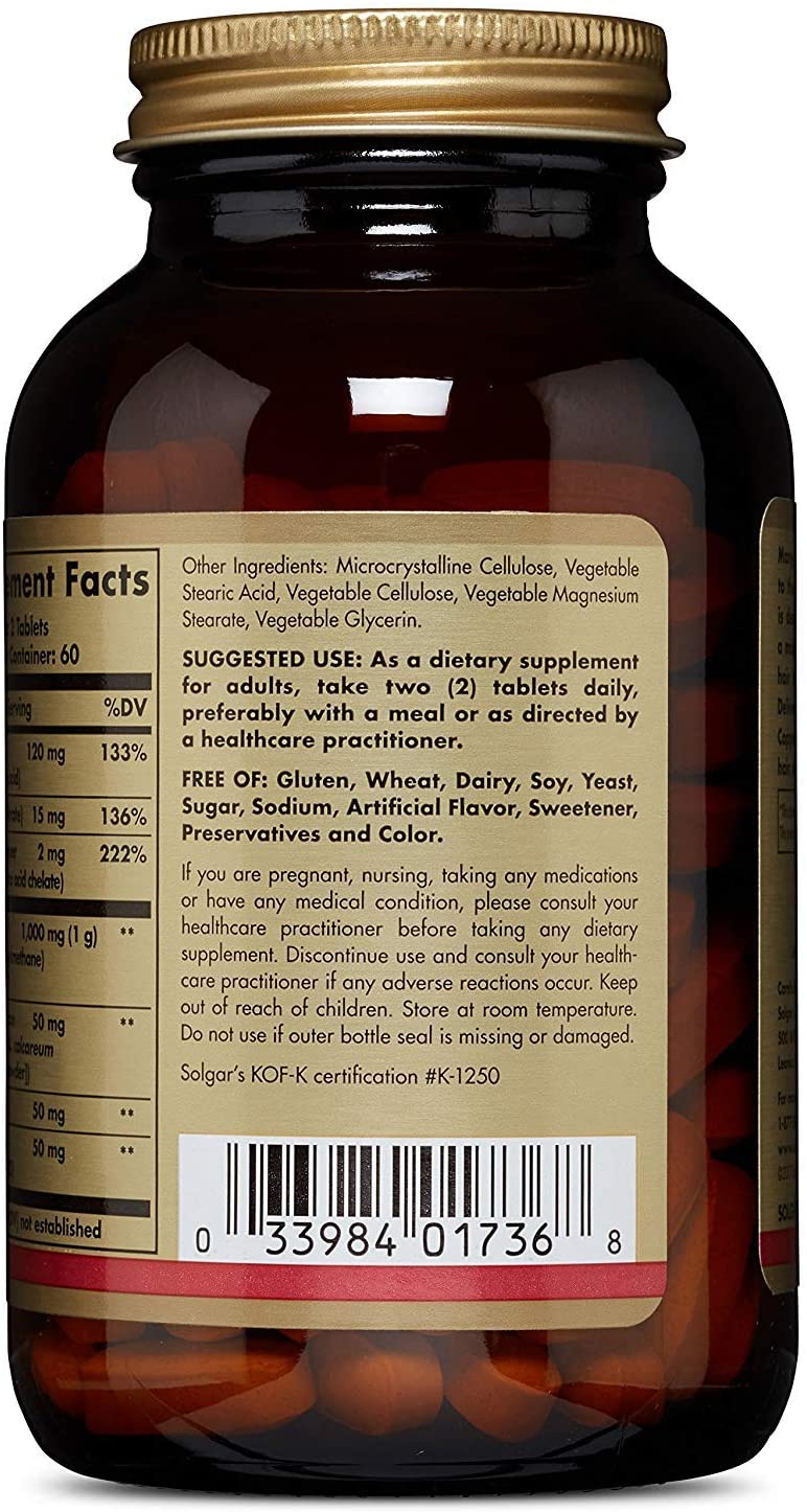  Solgar Comprimidos para Pelo, Piel y Uñas, Vitamina C para la formación de colágeno, Apto para Veganos, 120 Tabletas 