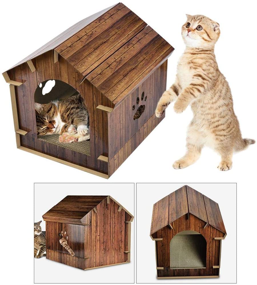  SUNSETGLOW Casa de Madera Casa de Gato de Madera simulada con Puerta Frontal Gato de Bricolaje Cama de Nido de Gato Cama para Mascotas para Interiores y Exteriores para Mascotas 12.18 * 12.06 * 12 in 