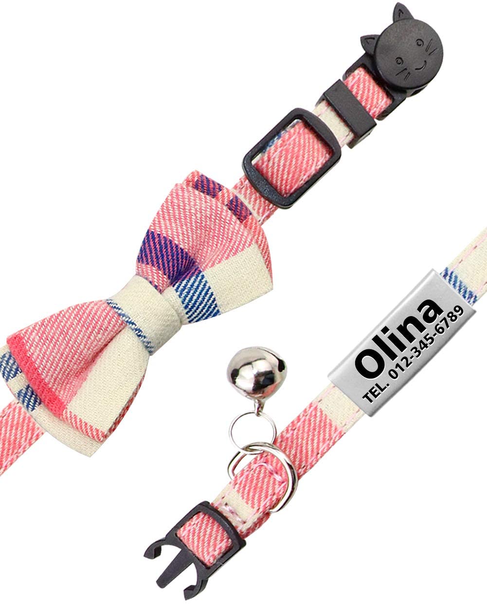  TagME Collar de Gato Personalizado con Pajarita & Campana, Placa de Identificación de Acero Inoxidable Grabada con Nombre & Número de Teléfono,Rosa 