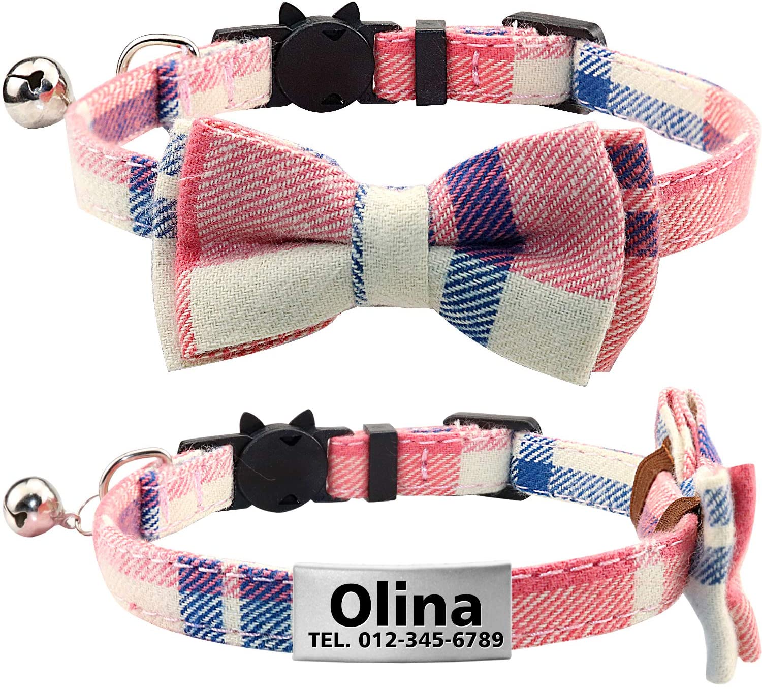  TagME Collar de Gato Personalizado con Pajarita & Campana, Placa de Identificación de Acero Inoxidable Grabada con Nombre & Número de Teléfono,Rosa 