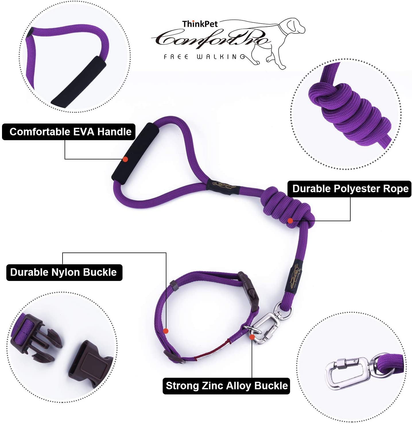  ThinkPet ComfortPro Kit de Correa y Collar Perro Conjunto Correa de Cuerda Resistente y Collar Ajustable para Perros Mediano Grande para Paseo 