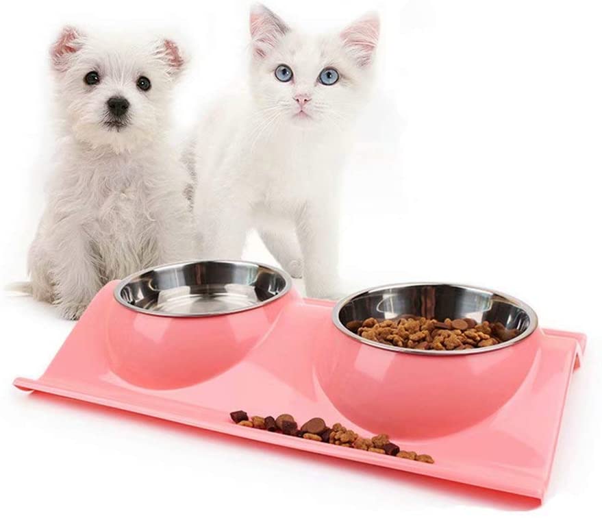  TJW Comedero Dobles para Perro,Cuencos Doble de Acero Inoxidable,Alimentador de Agua y Alimentos para Gatos y Perros pequeños,Color Rosa 