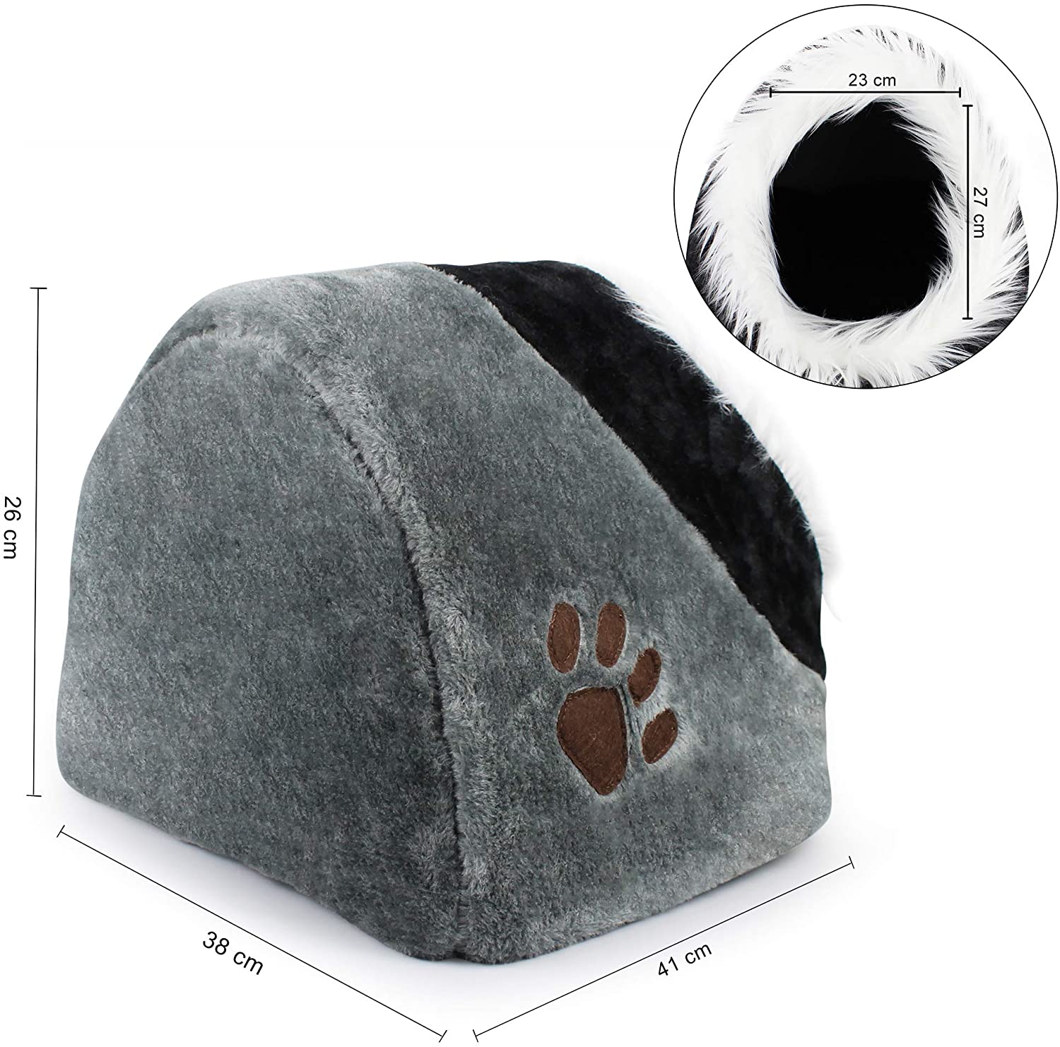  Todeco - Cueva para Animales de Peluche, Casa del Gato - Material: Felpa - Accesorios: (1x) Cojín extraíble - 41 x 38 x 26 cm, Gris 