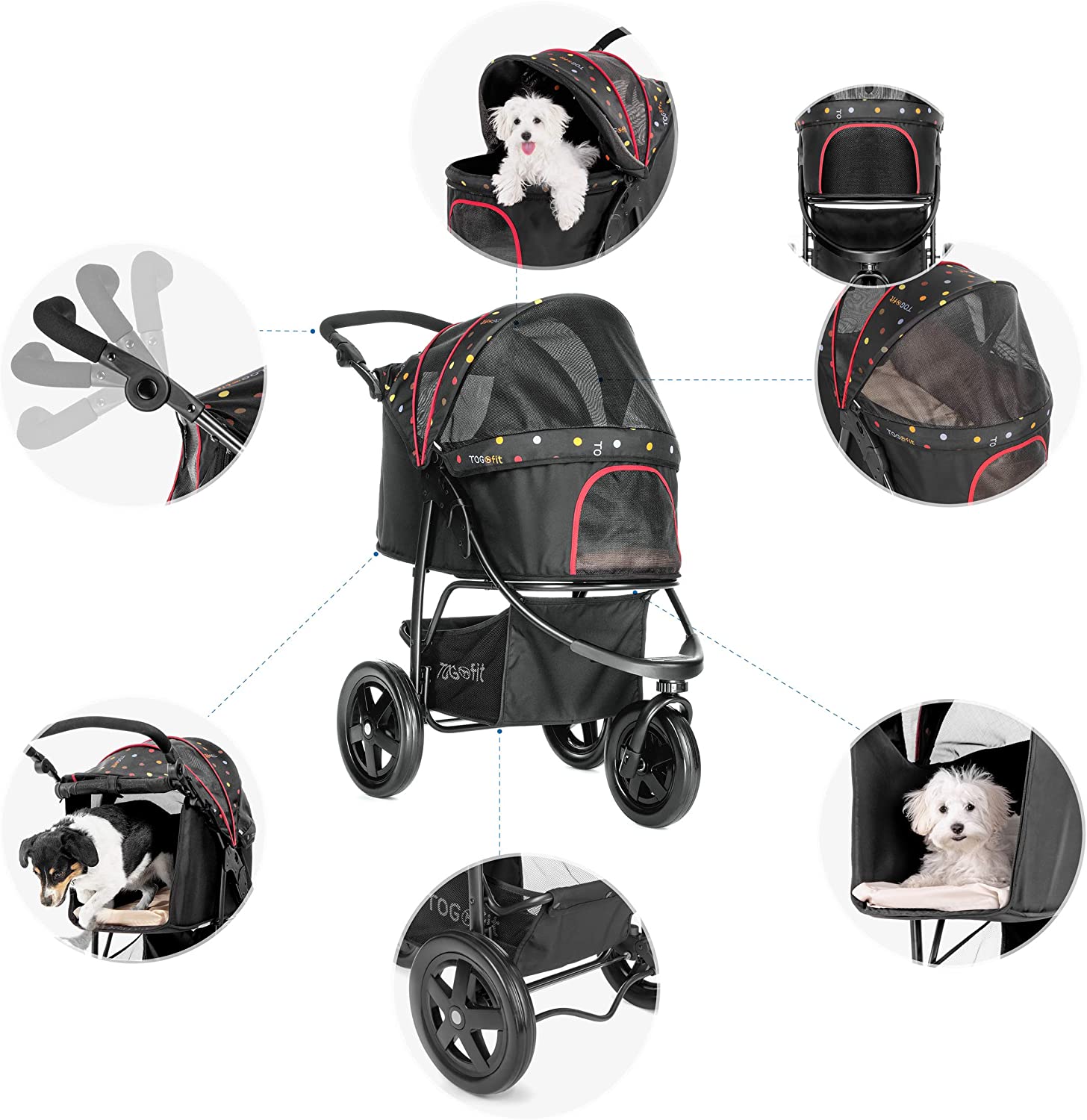  TOGfit Pet Roadster - Lujoso carrito para perros y mascotas hasta 32 kg, Ruedas grandes, altura regulable, incl. colchón, pequeño y plegable, color negro con puntitos 