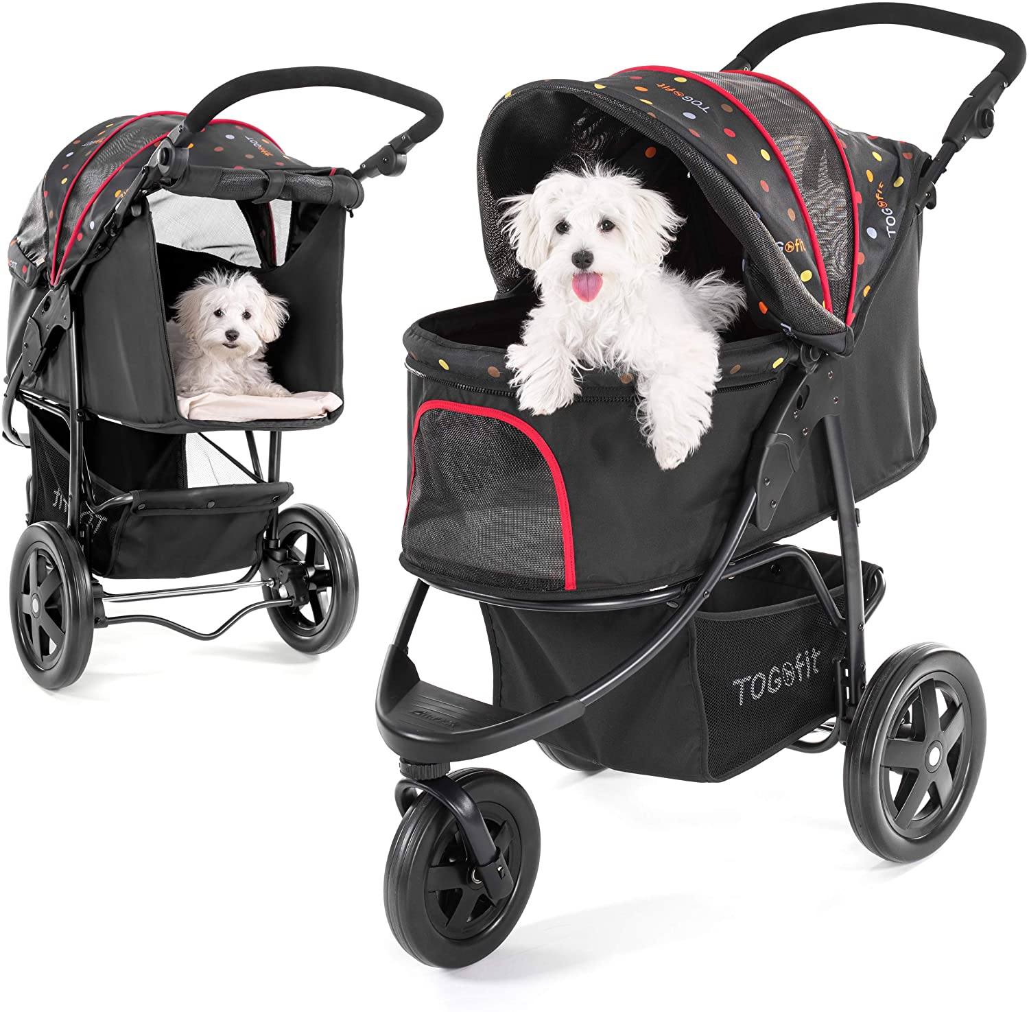  TOGfit Pet Roadster - Lujoso carrito para perros y mascotas hasta 32 kg, Ruedas grandes, altura regulable, incl. colchón, pequeño y plegable, color negro con puntitos 