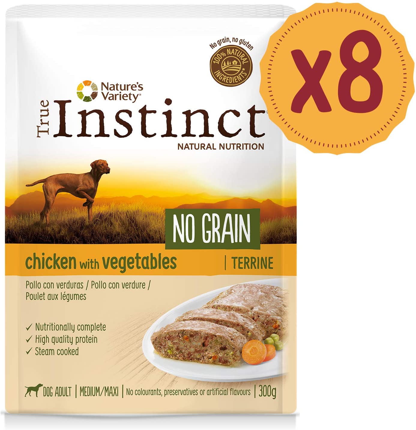  True Instinct No Grain Terrina para Perros Medium-Maxi con Pollo - 300 gr - Pack de 8 