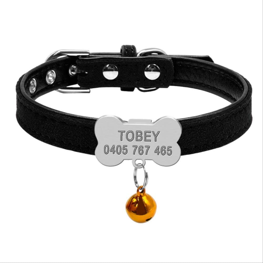  UD-strap Collares De Perro Personalizados Custom Chihuahua Cachorro Gato Collar Hueso ID Etiquetas Grabadas para Perros Pequeños Y Medianos Gratis Bell XS S XXS Negro 