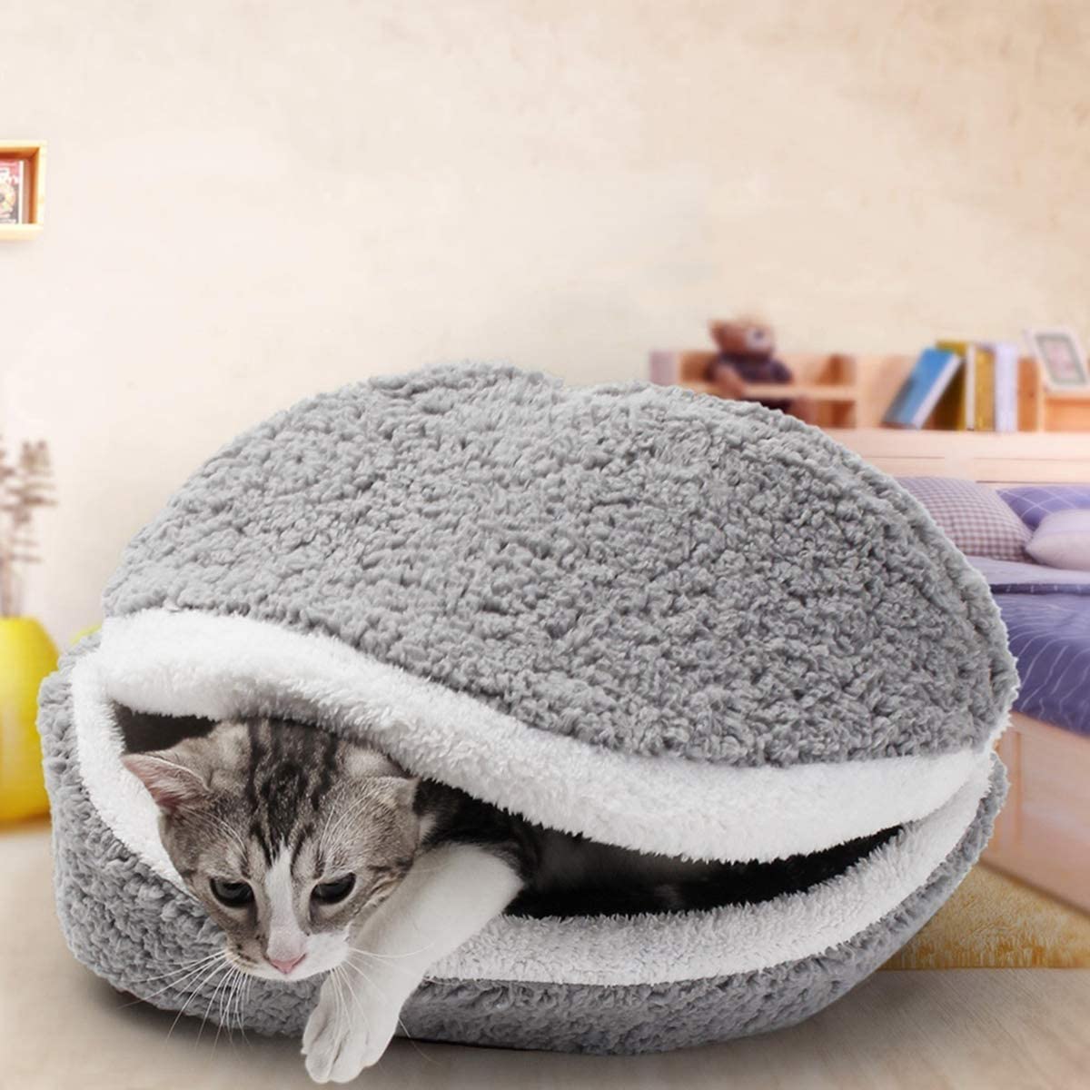  UEETEK Cama Gato Cueva cálido Nido para Mascotas Acogedor Casa de Perro (Gris) 