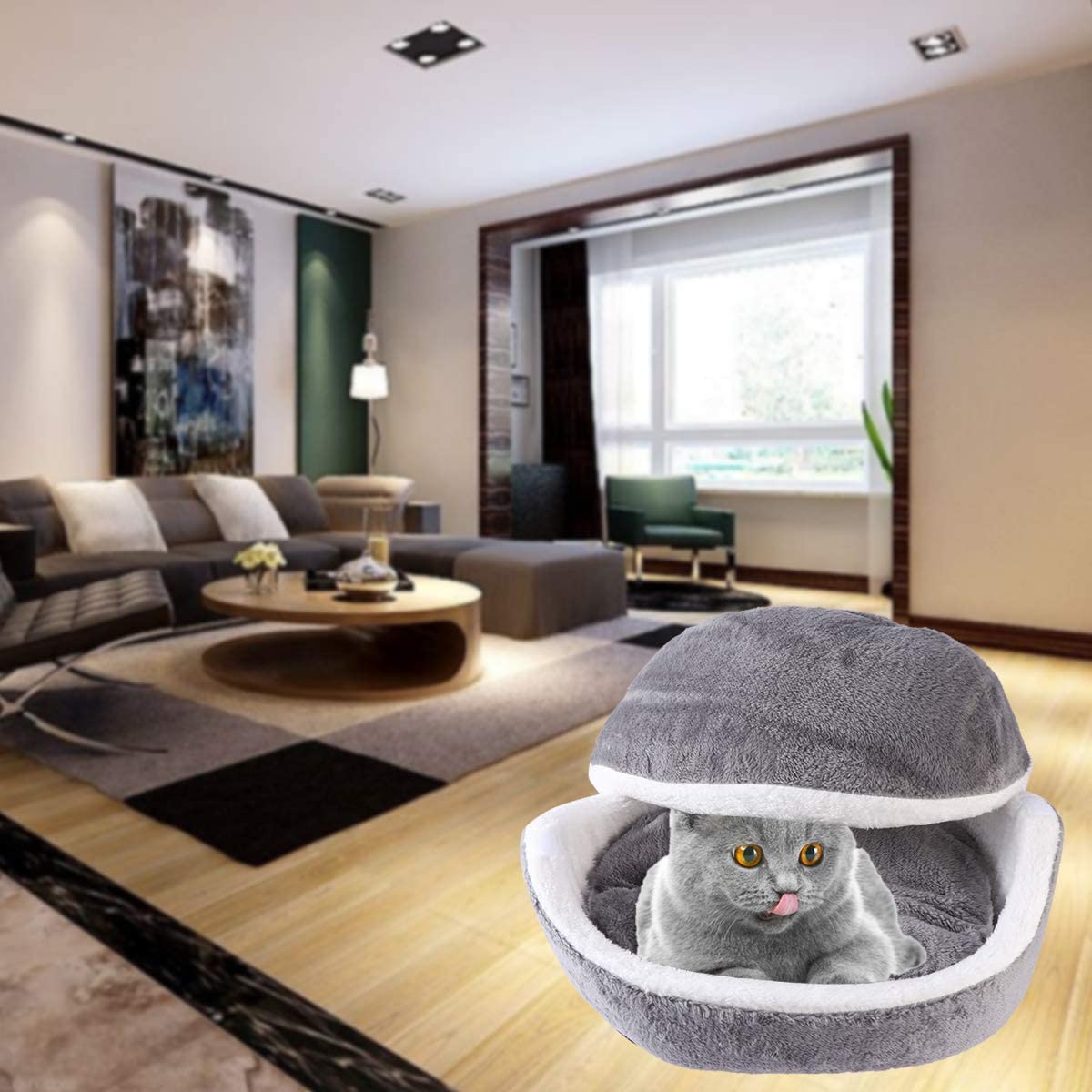  UEETEK Cama Gato Cueva cálido Nido para Mascotas Acogedor Casa de Perro (Gris) 