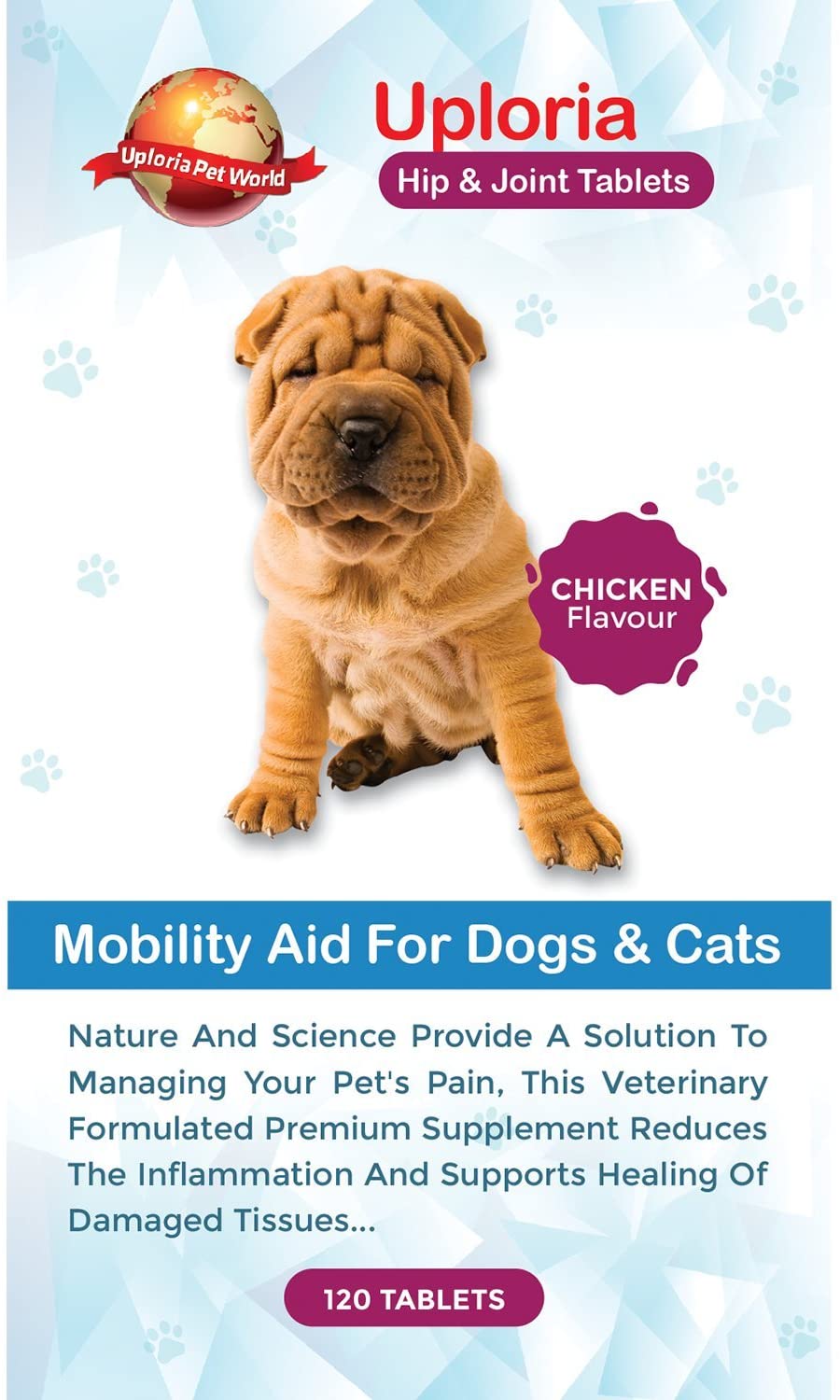  Uploria Pet World Suplementos Articulares para Perros - 120 Comprimidos con Sabor A Pollo Formulada por Veterinarios para Perros Y Gatos Alivio del Dolor Provocado por La Artritis para Perros 