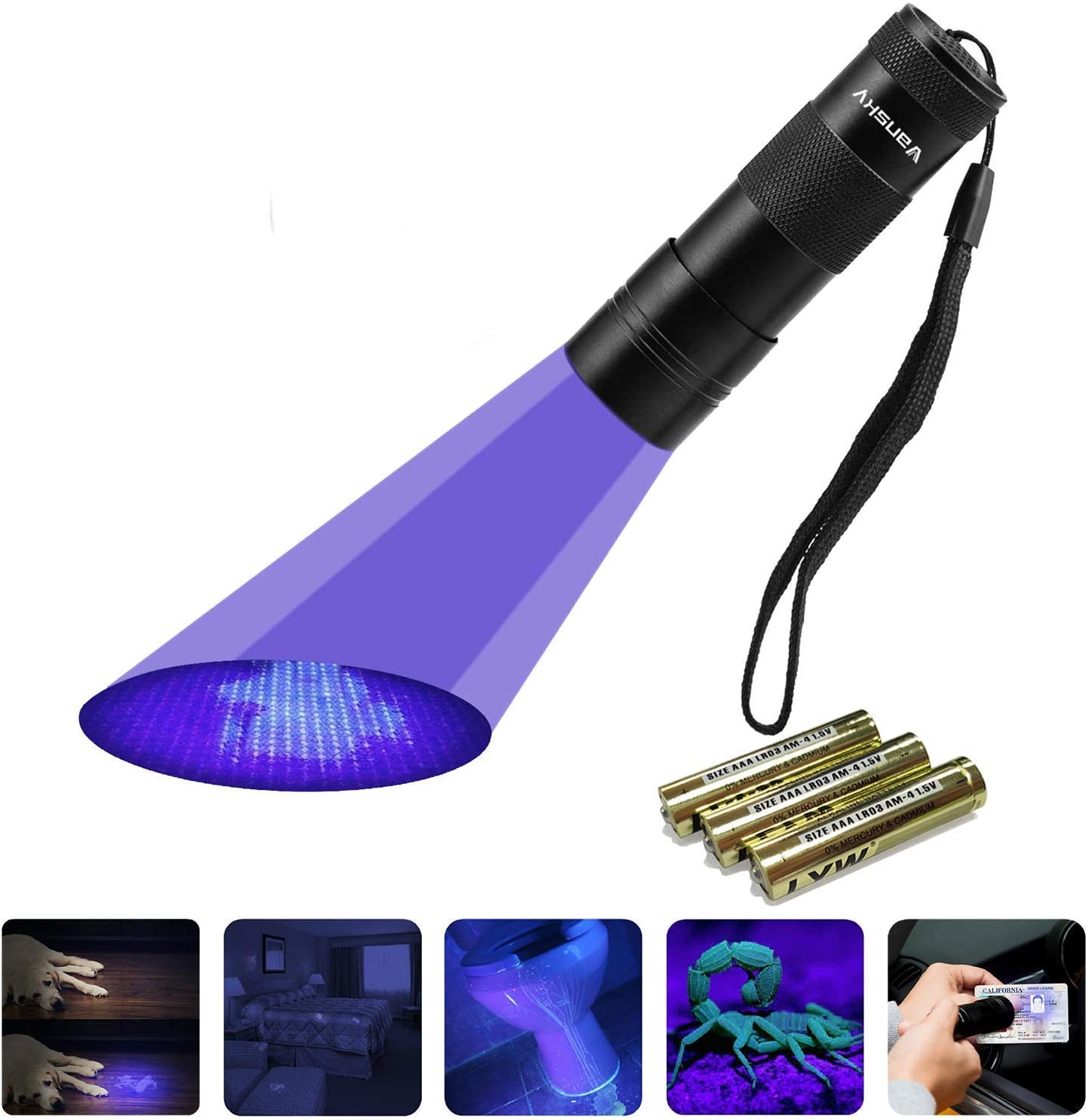  Vansky® Mascotas orina Ultra Violeta Detector perro/gato Quitamanchas fluorescente agentes sbiancanti Detector, UV Blacklight linterna eléctrica motrices, Manchas Secche sobre alfombras, cortinas y telas. 3 pilas AAA incluidas & INSERITO [Clase d