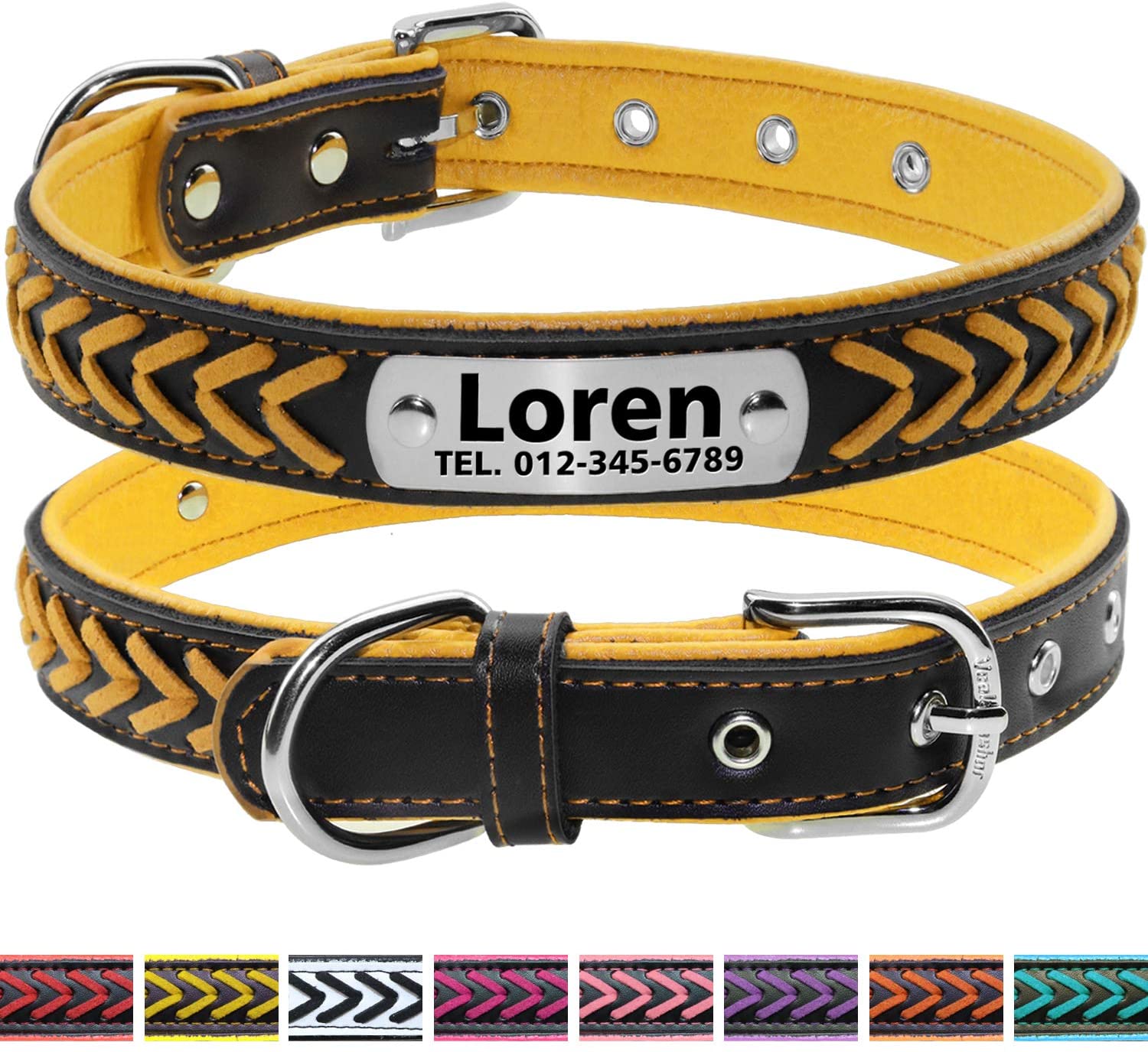  Vcalabashor Nombre Vcalabashor personalizado collar de perro de piel / cuero trenzado genuino plateado collares de perro 23.5-30cm Amarillo / Negro 