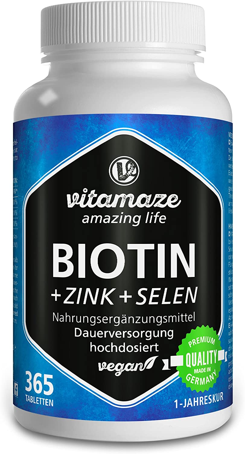  Vitamaze® Biotina 10000 mcg de dosis alta + Selenio + Zinc para crecimiento del cabello, cabello y uñas - 365 tabletas veganas para 1 año - producto de calidad alemana sin aditivos innecesarios 