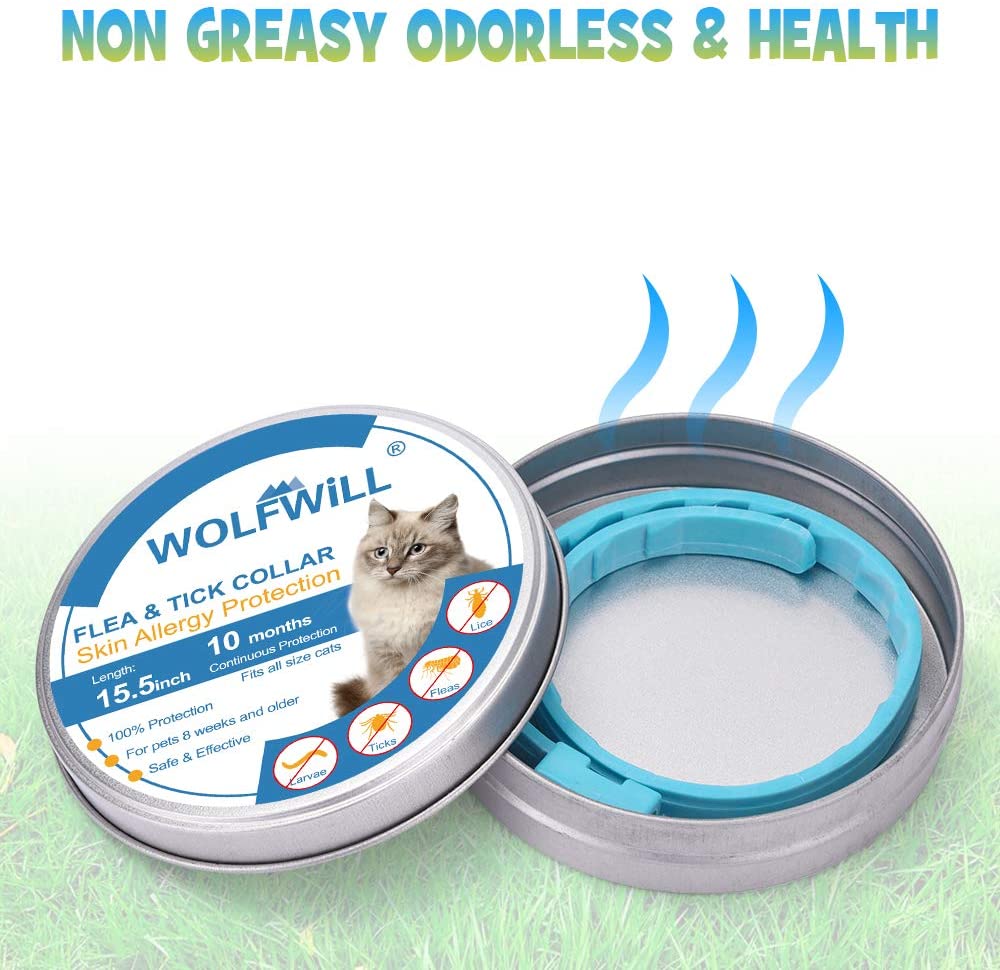  WOLFWILL Collar de Pulgas y Garrapatas para Gato,Acción Prolongada 10 Meses de Protección y Prevención contra Pulgas Garrapatas,Piojos,Talla Única para Todos,Ajustable, Impermeable 